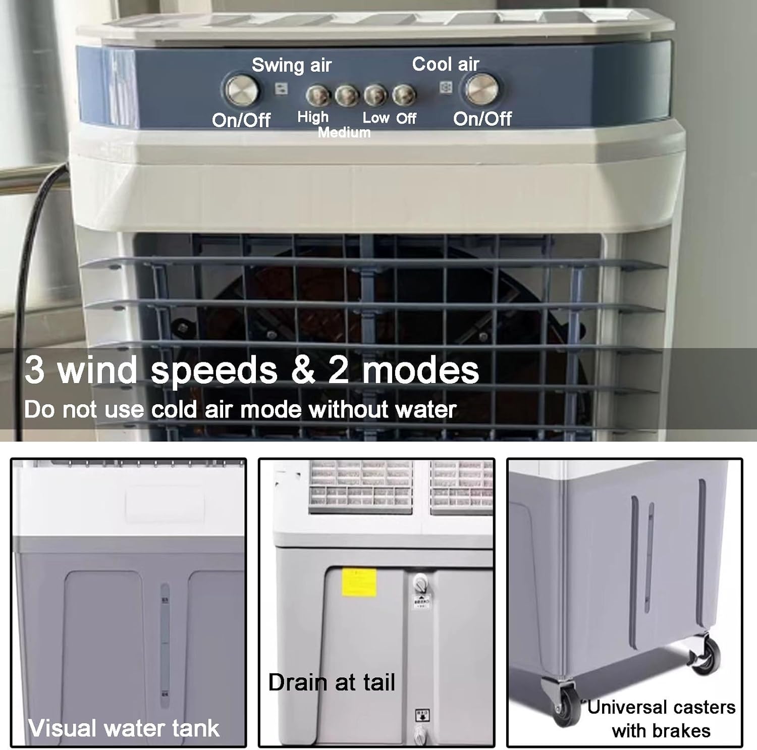 Evaporative Air Cooler, 3 in 1 Swamp Cooler with 4 Ice Crystal Box, Air Conditioner Portable with 3 Speeds, 2 Modes, Knobs for Outdoor, Office, Home(95cm/37in)