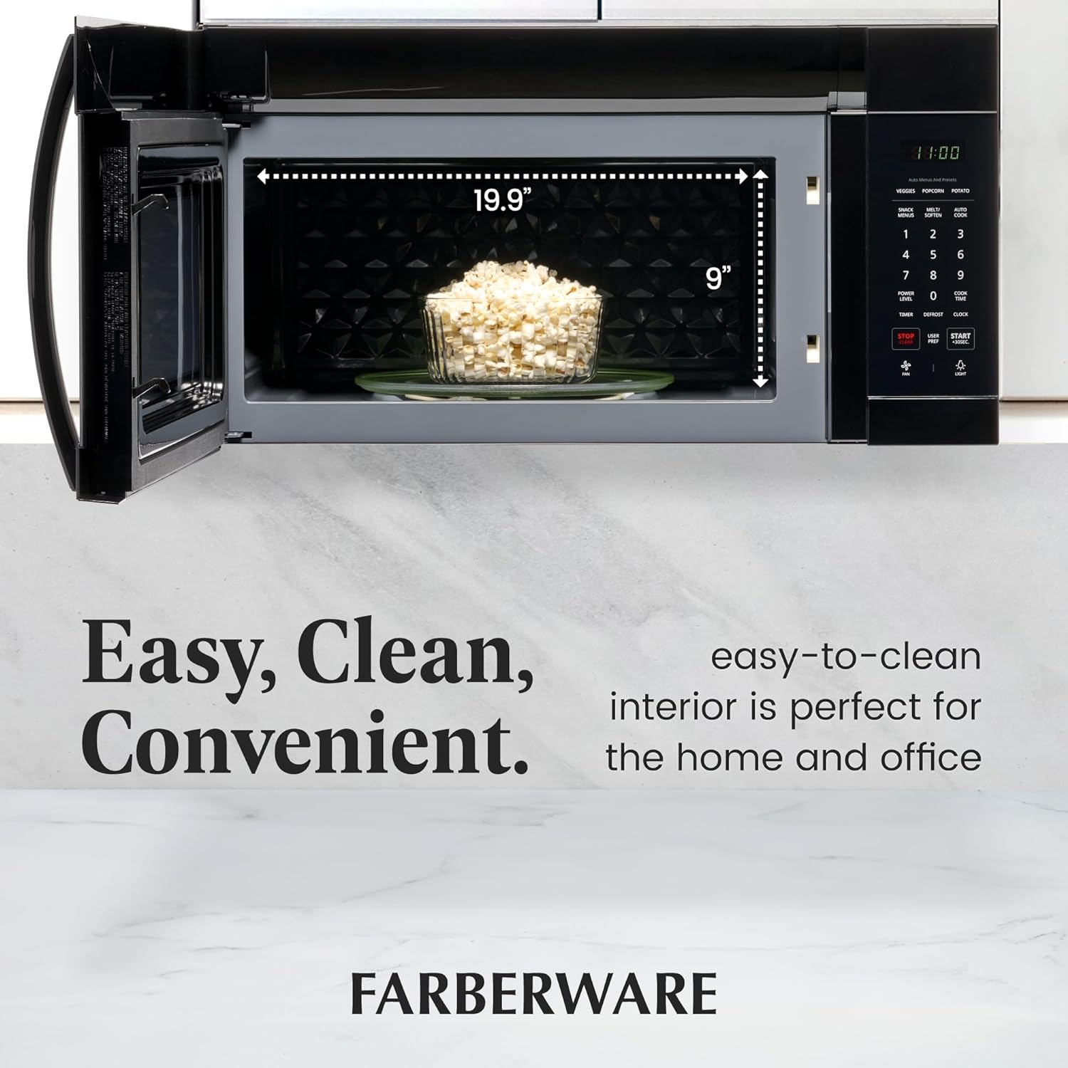 Farberware 1.7 Cu. Ft. Over-the-Range Microwave Oven – 1000 Watts Power, Auto Cook Settings, Defrost, Easy Clean and Child Safety Lock - Black