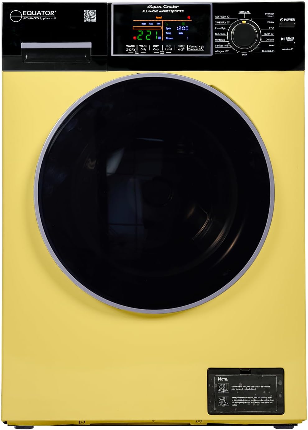 Equator All-In-One VENTED/VENTLESS Washer-Dryer 1.9cf/18lb 1400RPM 110V (Yellow/Black)