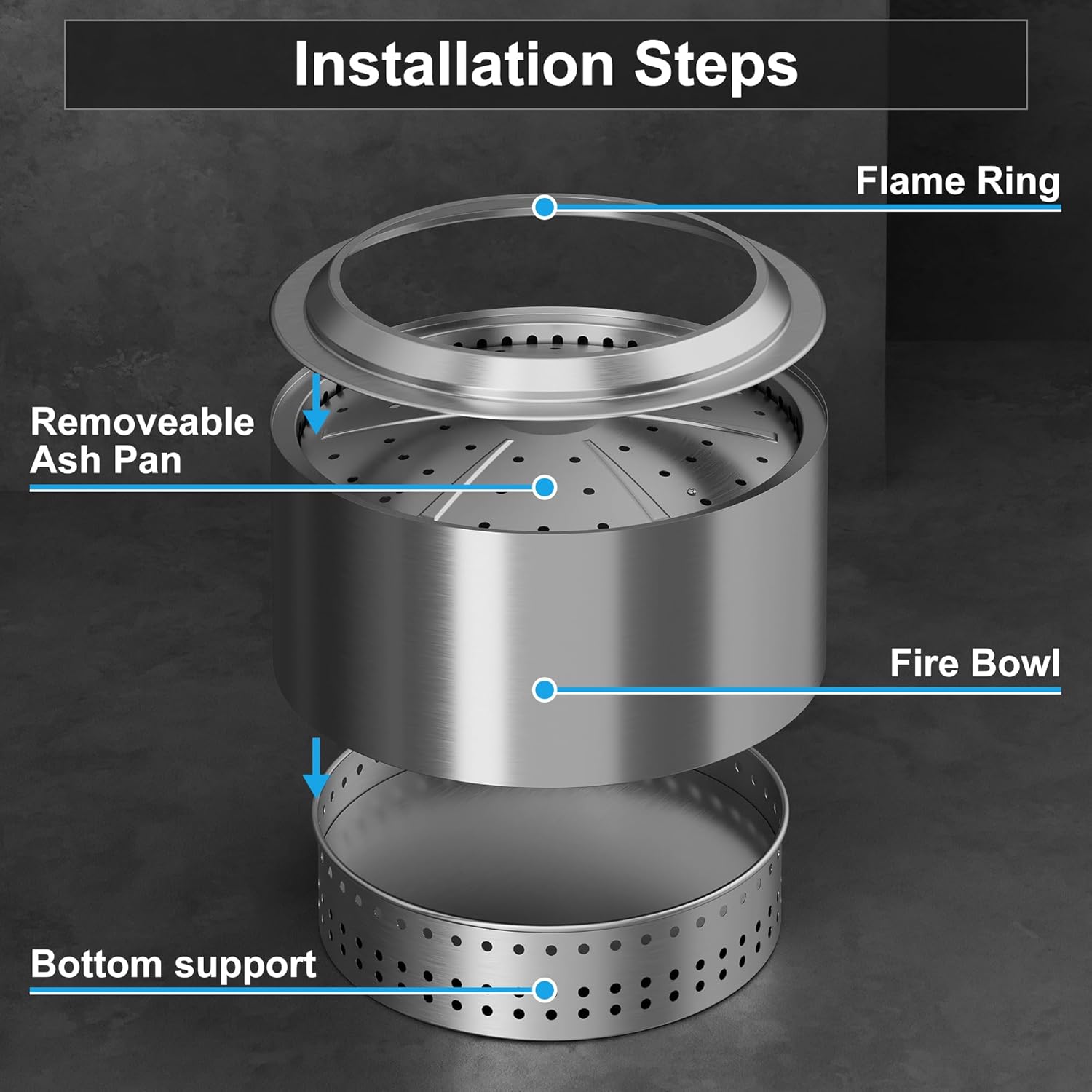 19.5 inch Smokeless FirePit with Waterproof Bag & Poker, Stainless Steel Outdoor Smokeless Fire Pit, Wood Burning Fire Pit for Patio, Camping, Backyard