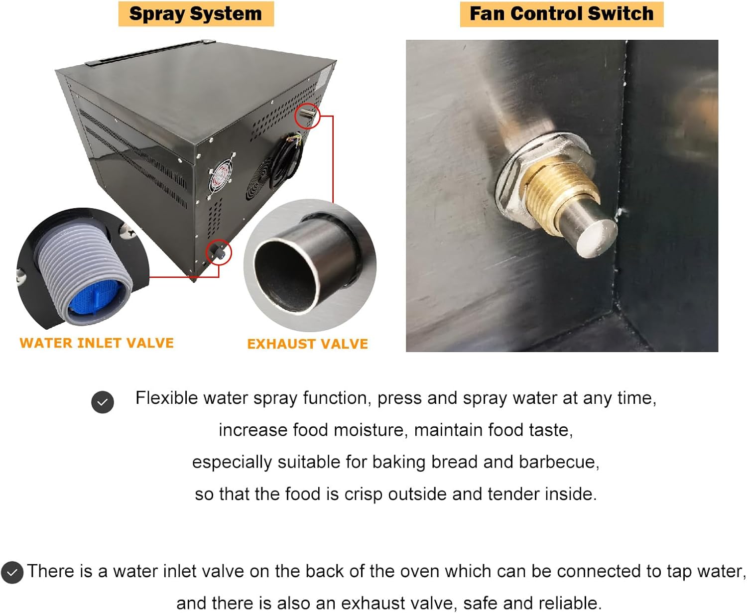 220V Commercial Countertop Convection Spray Baking Oven - 60L (15.85gal) 5500W, 32℉-662℉, 4 Racks, 304 Stainless Steel Hot Air Circulation for Pizza, Cookies, Bread