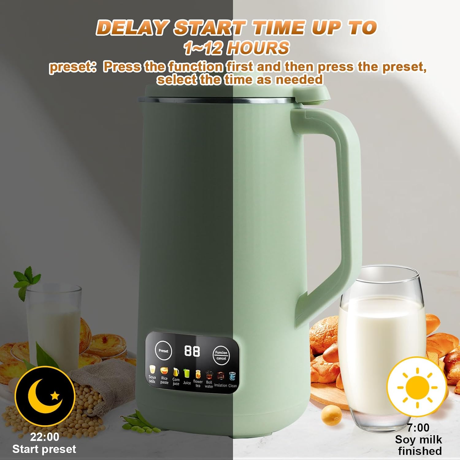 Automatic Nut Milk Maker Blender, 800ml Homemade Soy, Almond, Oat, Coconut, Plant Based and Non Dairy Beverages with LED Display (Green)