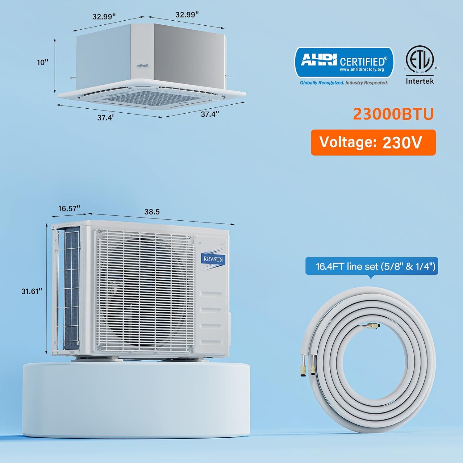 ROVSUN 23000 BTU Smart WIFI Ceiling Cassette Mini Split AC/Heating System with Inverter & APP Control, 23 SEER2 Ductless Air Conditioner with Pre-Charged Condenser, Heat Pump & Installation Kit, 230V