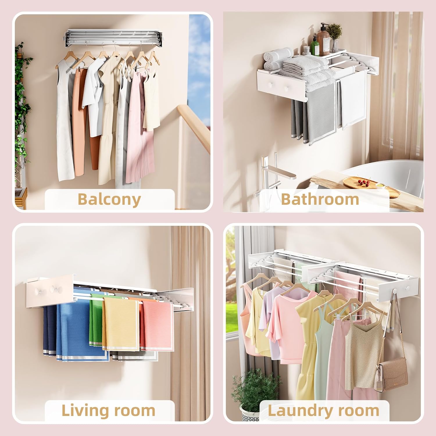 BAKON Wall Mounted Drying Rack with 4 Hooks and Shelf, Foldable Clothes Drying Rack for Laundry Room, Collapsible Laundry Rack Wall Mount, for Indoor Outdoor Hanging Clothes, 23.6 Inch