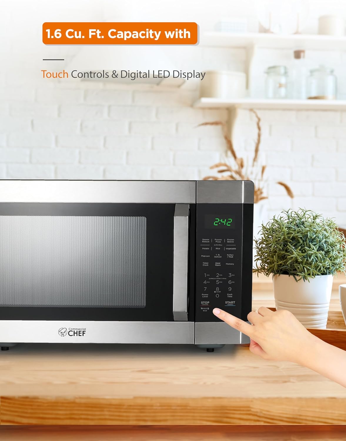 COMMERCIAL CHEF 1.6 Cubic Foot Microwave with 10 Power Levels, Small Microwave with Pull Handle Child Safety Lock, 1100 Watt Microwave with Digital Control Panels,Stainless Steel