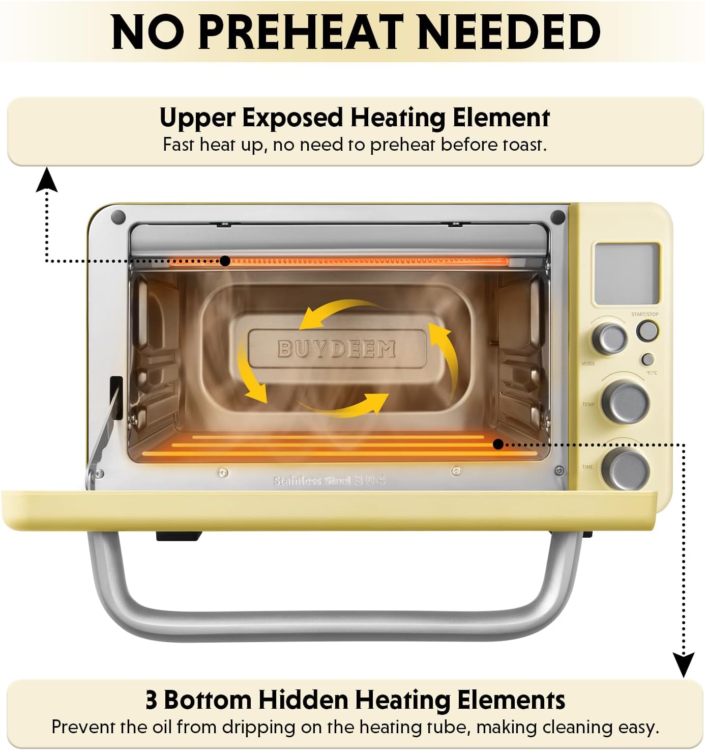 BUYDEEM T103 Countertop Toaster Oven 12QT, No Pre-Heat Needed, 7 Cooking Modes, Retro Mini Toaster Oven with Grill Rack and Baking Tray, Mellow Yellow