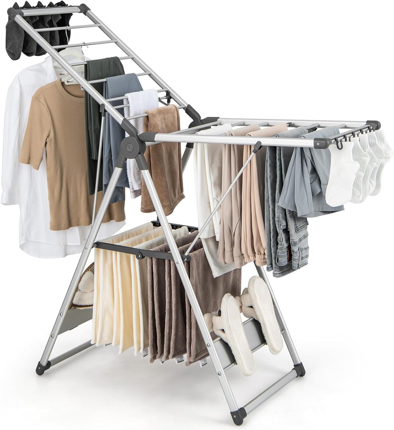 Nightcore Foldable Clothes Drying Rack, 2-Level Large Collapsible Laundry Drying Rack, Clothes Drying Rack with Height Adjustable Wings, Aluminum Drying Rack Clothing for Indoor Outdoor（Silver + Grey）