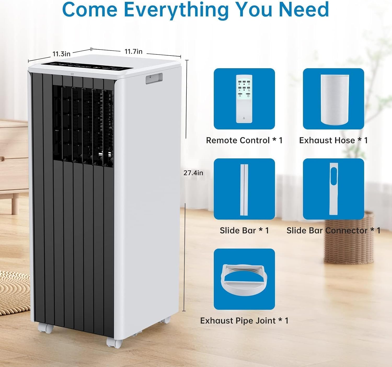 Portable Air Conditioner 8000 BTU, Smart Control, Cools Up to 350 Sq. Ft., With Dehumidifier & Fan Mode, Easy- to-Use Remote Control & Window Installation Kit Included, Black