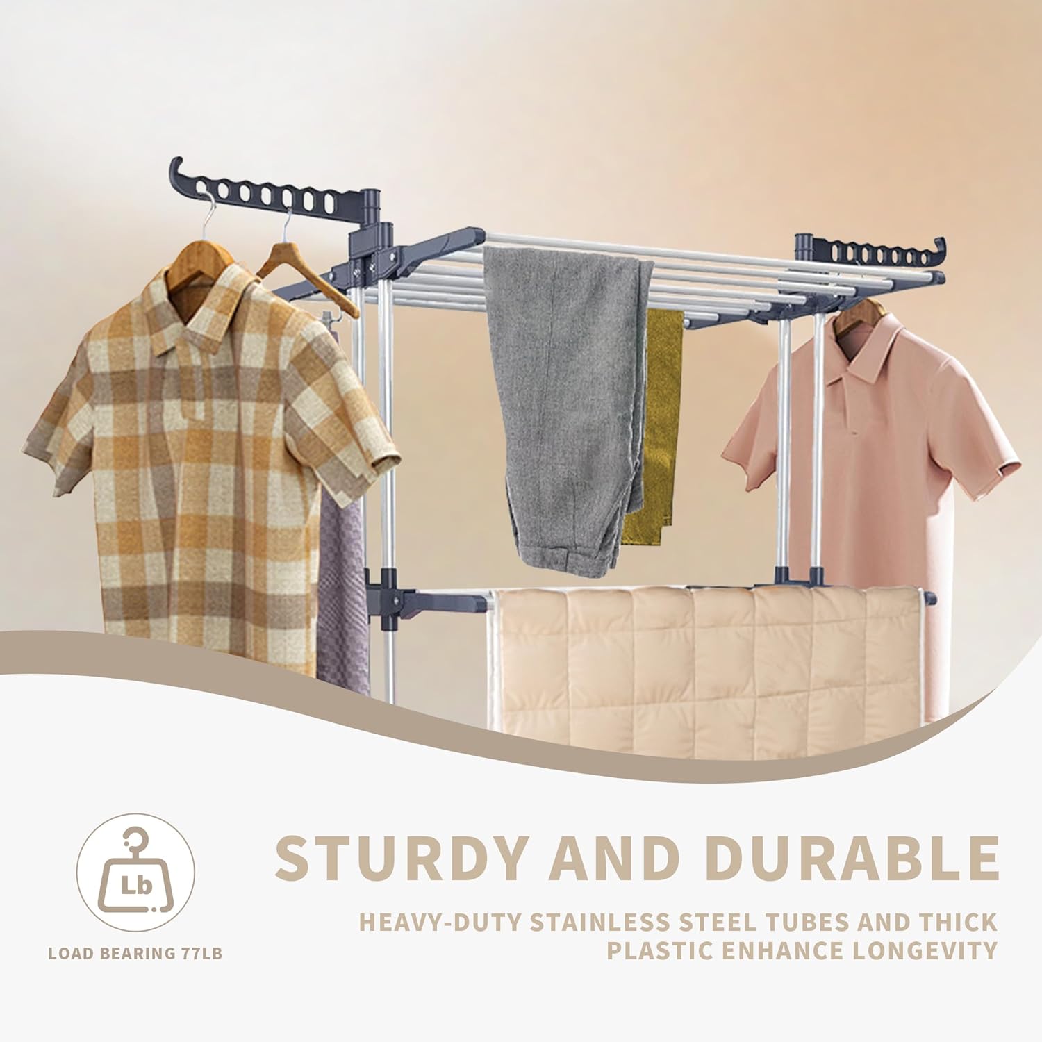 3-Tier Foldable Clothes Drying Rack with Wheels, 77 lb Capacity, Gray