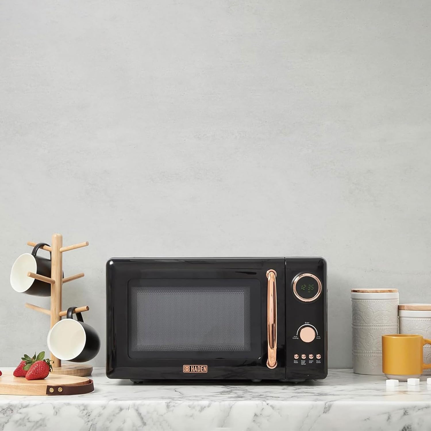 Haden 700 Watt 0.7 Cubic Foot Microwave Oven with Digital Controls, Defrost, and Instant Start Countertop Small Appliance, Black/Copper