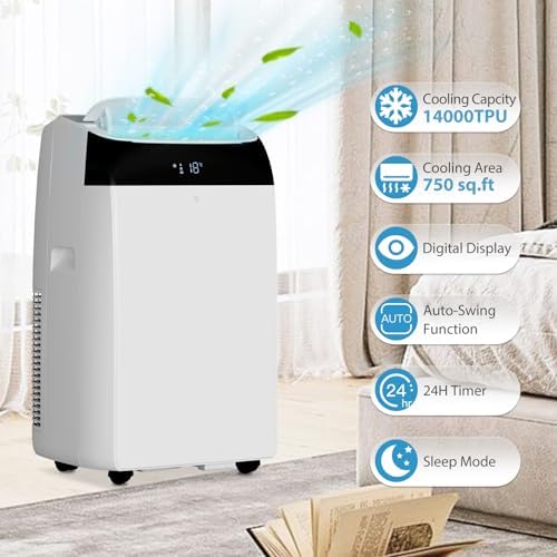 14,000 BTU Portable Air Conditioner for Large Indoor Rooms (Up to 750 Sq. Ft): Powerful Smart 3-in-1 Freestanding AC with Remote Control & 24H Timer