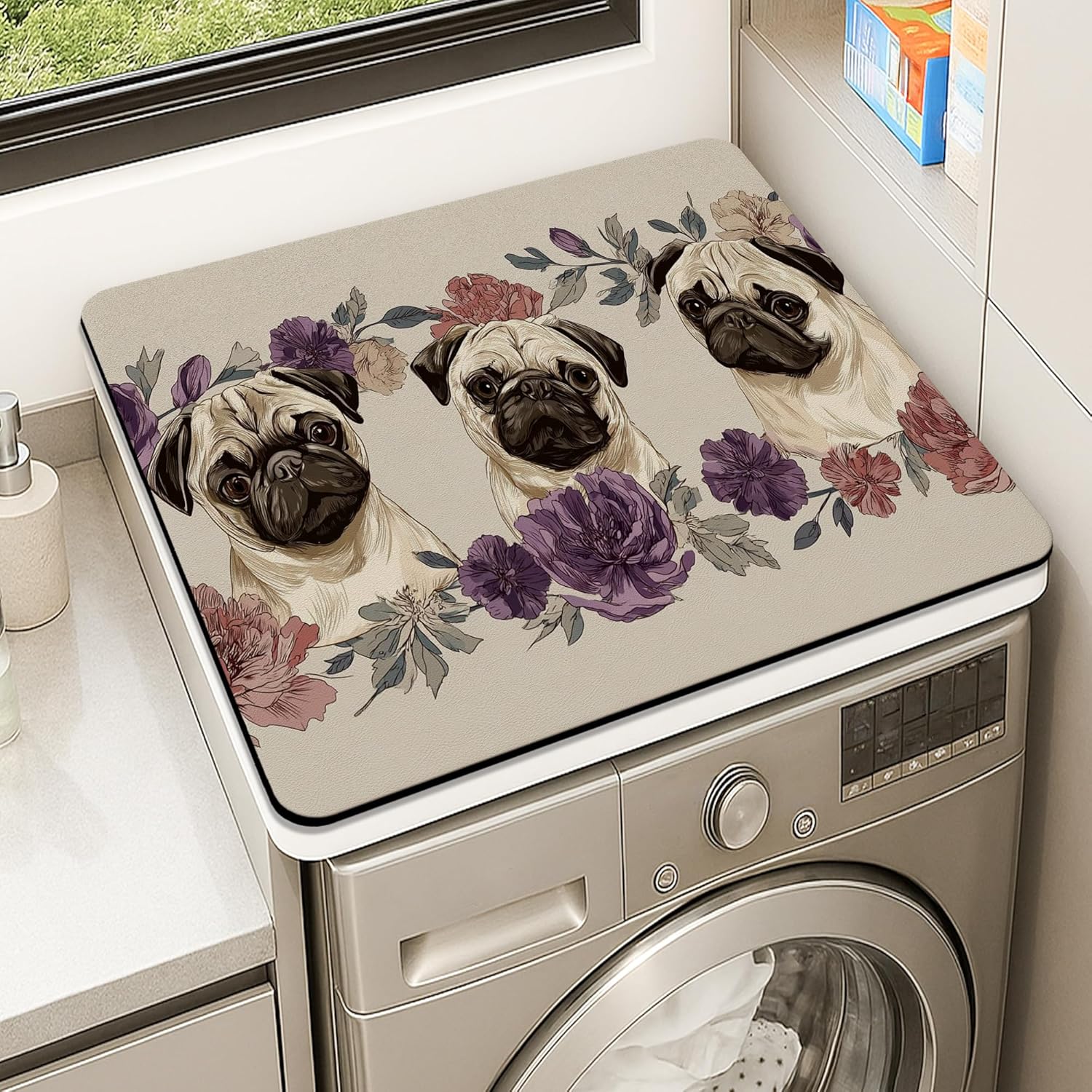 Pug Floral Washer Dryer Top Protector Mat, Vintage Botanical Pug Pattern Laundry Machine Covers, Spring Seasonal Waterproof Anti-slip Washer and Dryer Mats for Laundry Room 24x24 Inch