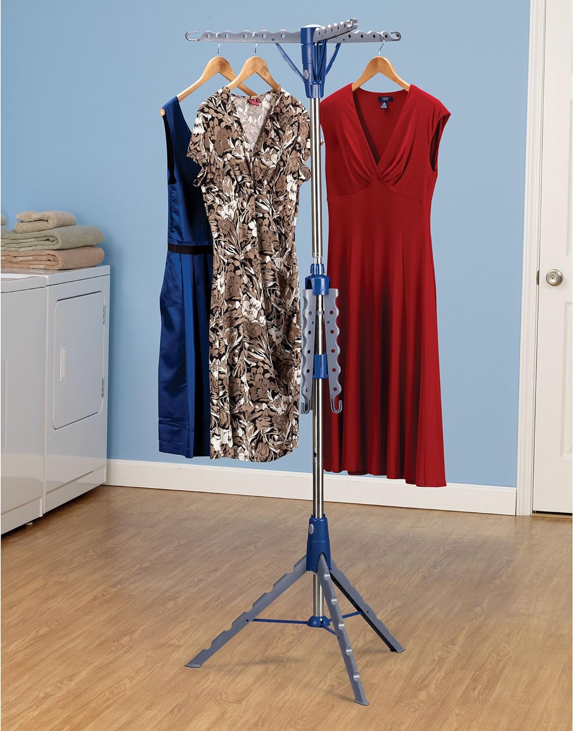 Household Essentials 5012-1 Portable 2-Tier Clothes Drying Rack Tri-pod | Dry Wet Laundry or Hang Clothes | Silver and Blue