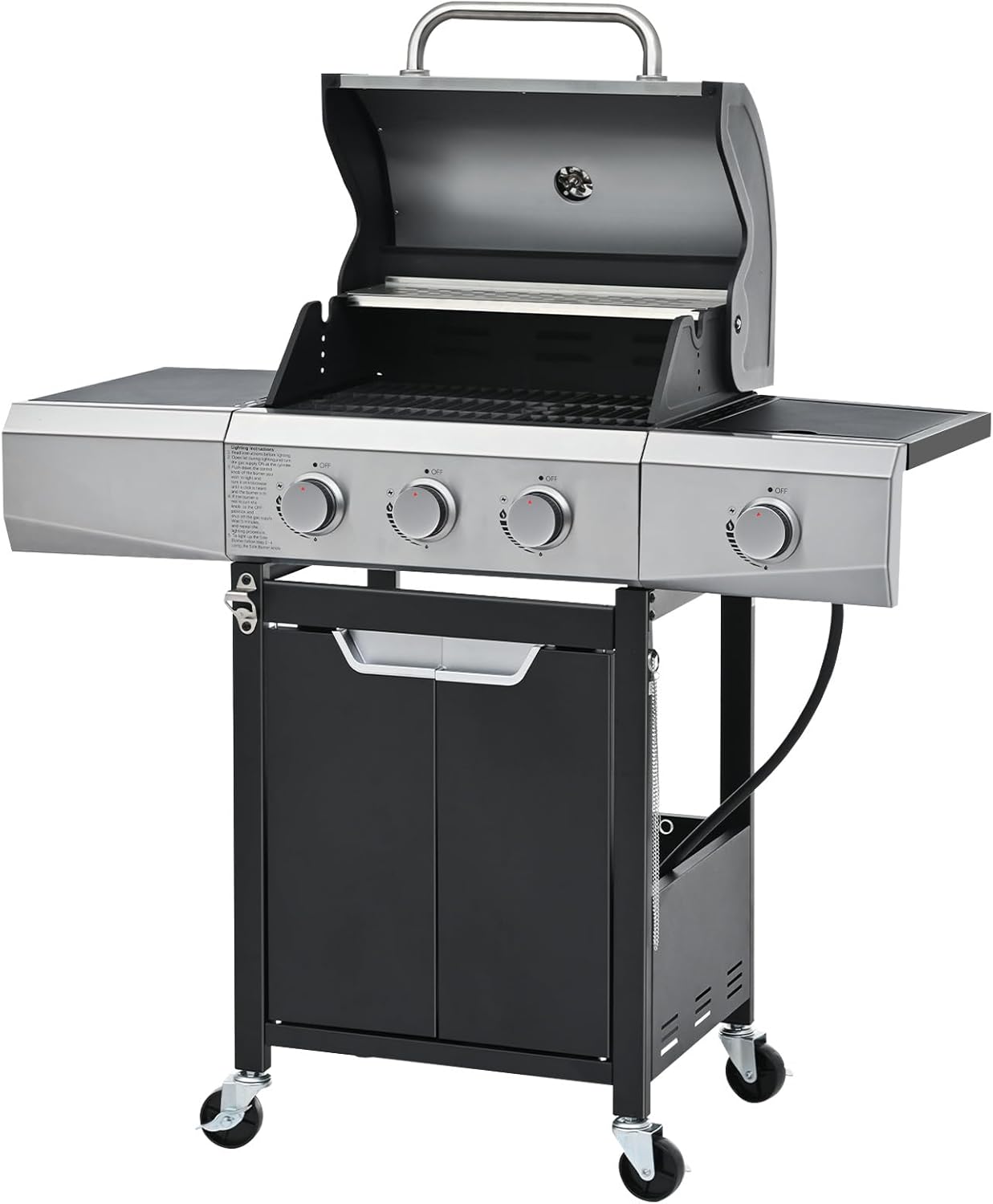 3 Burner Outdoor Propane Gas Grill with Side Burner, 40,500 BTU Portable BBQ Grill with Wheels, Thermometer, Storage Rack & Prep Shelf for Patio Cooking & Backyard Parties (3 Burner with grill Burner)