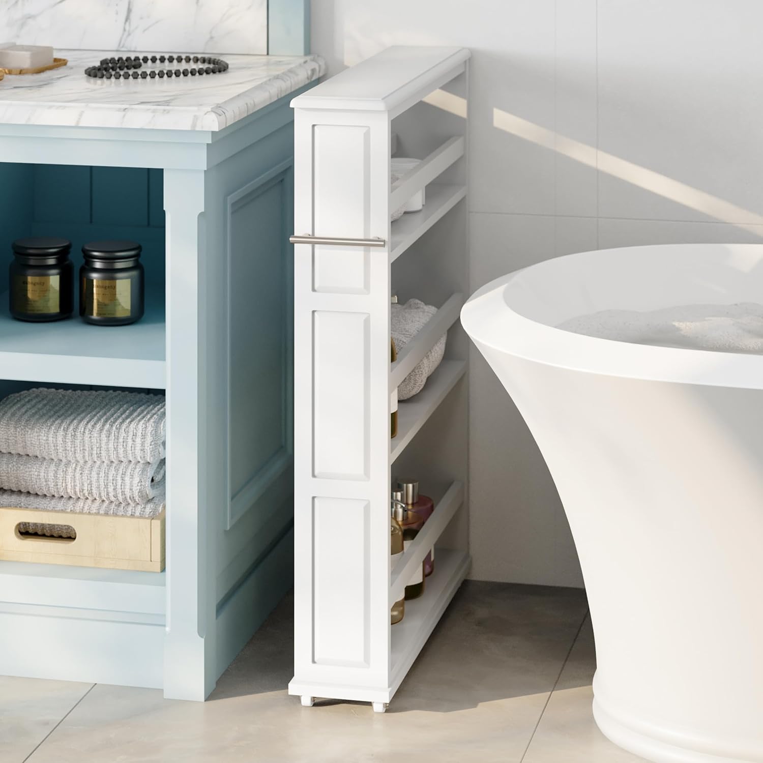 Slim Rolling Storage Cart - 4 Tier Utility Cart with Handle and Wheels for Bathroom, Kitchen and Laundry Room - Storage Shelves by Lavish Home (White)