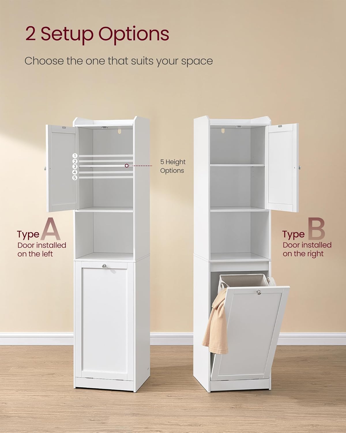 VASAGLE Tall Storage Cabinet, Storage Unit with Removable Laundry Basket, Compartment and Cabinet, for Bathroom, Living Room, 15.8 x 15.8 x 66.9 Inches, Cloud White UBBC761W01