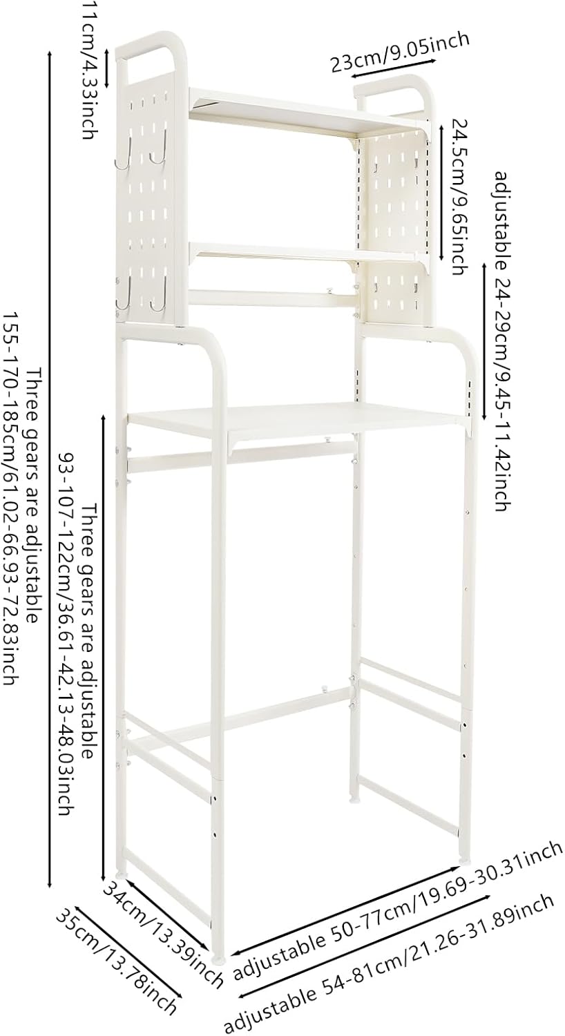 3 Tier Over The Washer and Dryer Storage Shelf, Height Adjustable Heavy Duty Laundry Room Organizer, Bathroom Storage Rack with Hook & Hanging Rod, Space Saving Standing Shelf (White)