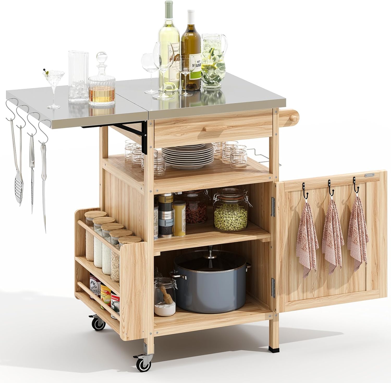 Outdoor Grill Cart with Drop Leaf, Stainless Steel Tabletop Outdoor Kitchen Island, Solid Wood Outdoor Buffet Cabinet with Drawer, Towel Rack, Lockable Wheels for Grilling, Light Wood Color