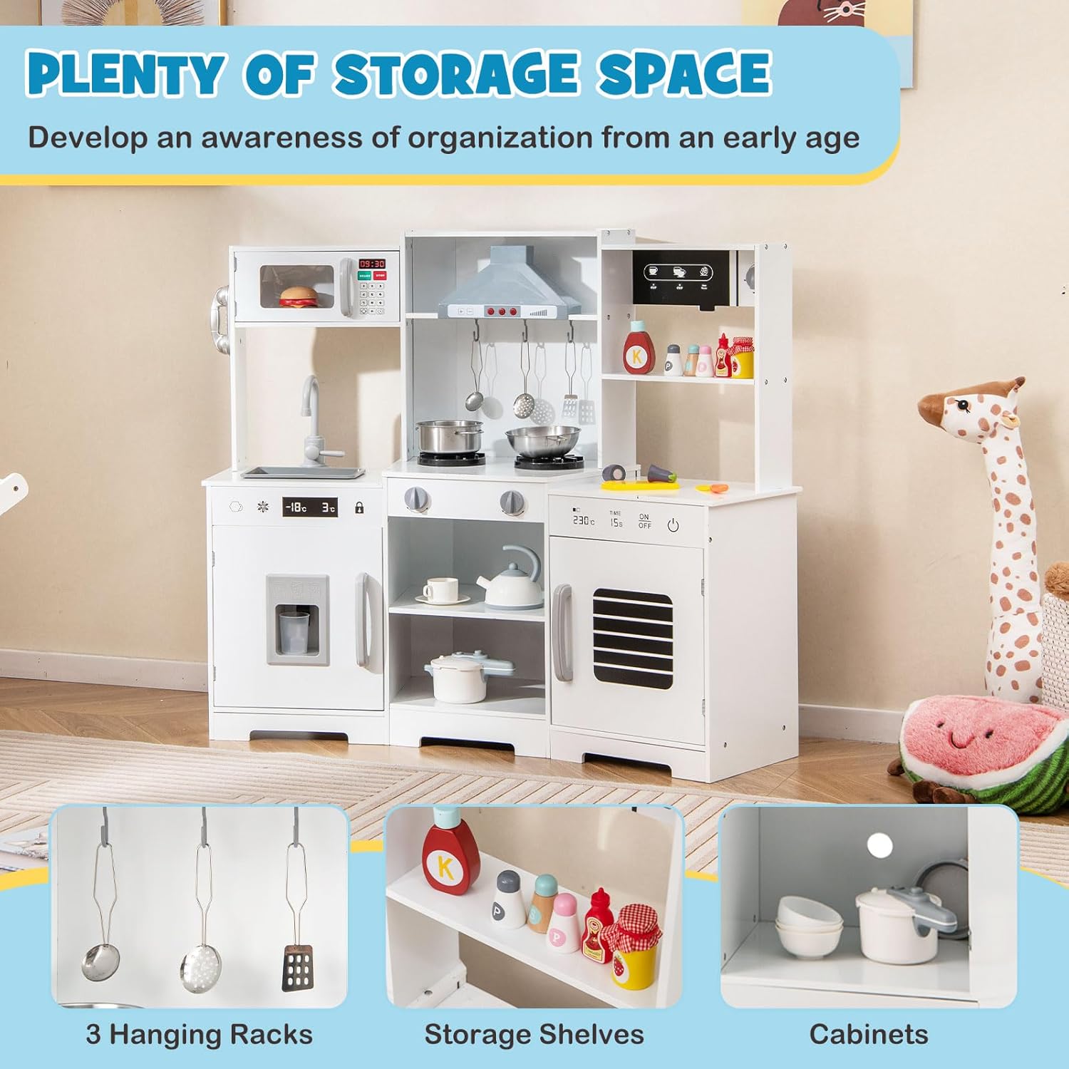 Costzon Corner Kids Kitchen Playset, Wooden Toy Kitchen Set w/Lights & Sounds Range Hood, Ice Maker, Pretend Telephone, Sink, Faucet, Microwave, Oven, Play Kitchen for Kids 3+ (White)