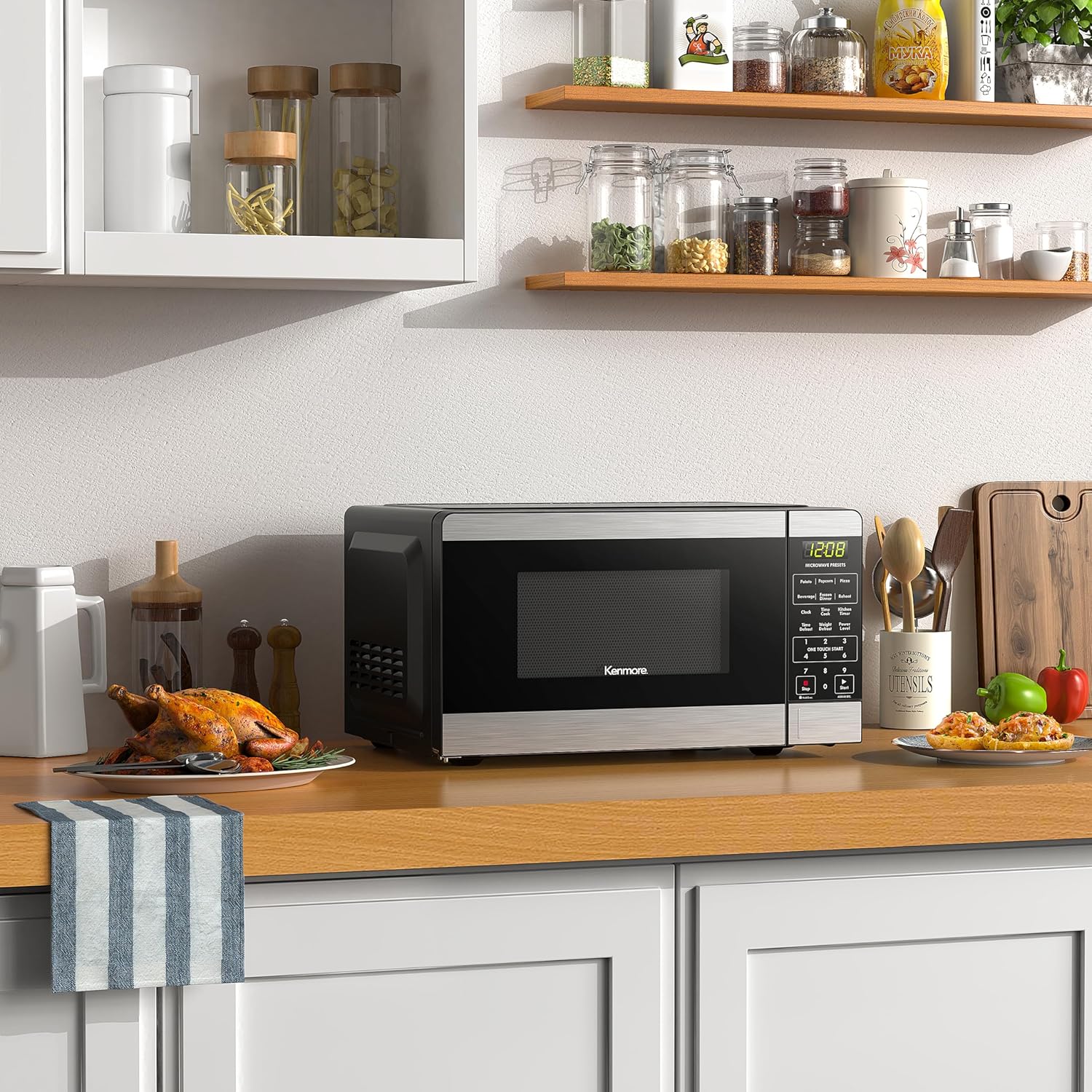 Kenmore Countertop Microwave, 6 Auto-Preset Menus, Child Lock, Defrost & Express Cooking Features, 1.1 Cu Ft, Stainless Steel