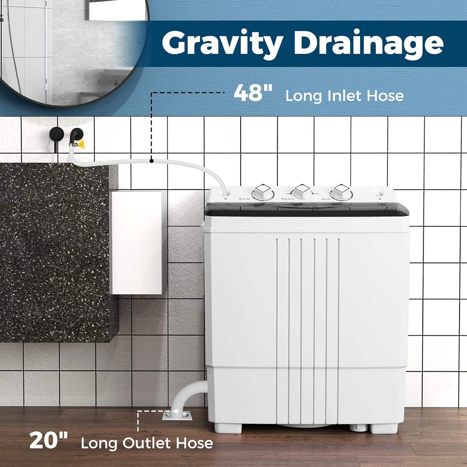 COSTWAY Portable Washing Machine, Twin Tub 20Lbs Capacity, Compact Laundry Washer(12Lbs) and Spinner(8Lbs), Durable Design for Apartment Dorm RV, Black+White