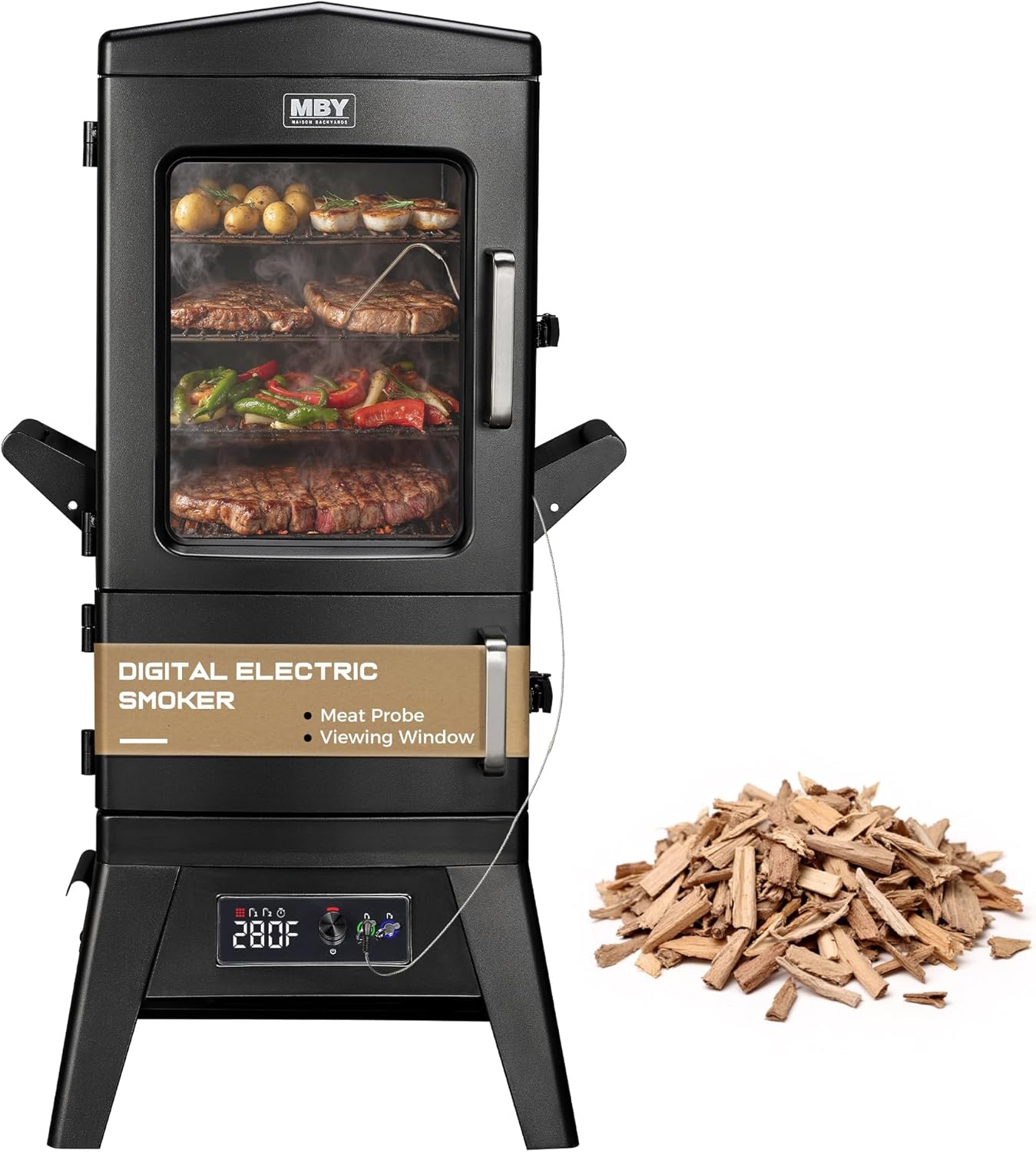 MAISON HUIS Electric Smoker for Outdoors, Built-in Meat Probe & Elevated Stand for Outdoors, BBQ Smoker with 4 Cooking Grates, LED Display Temperature Control, Smoke More with 633 sq in Cooking Area