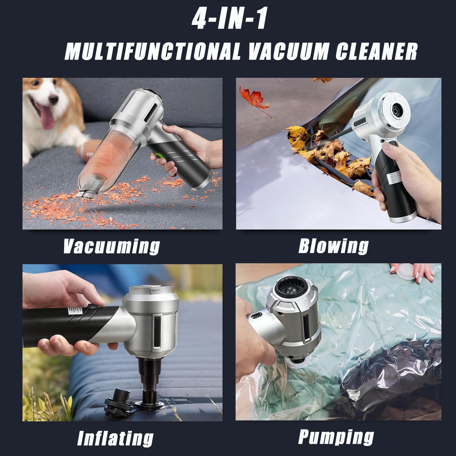 Car Vacuum Cleaner Cordless Foldable, 21000PA Mini Portable Handheld Vacuum, 4 in 1 Compressed Air Duster & Air Blower & Vacuum Cleaner & Inflation with Brushless Motor for Car, Home, Office Black