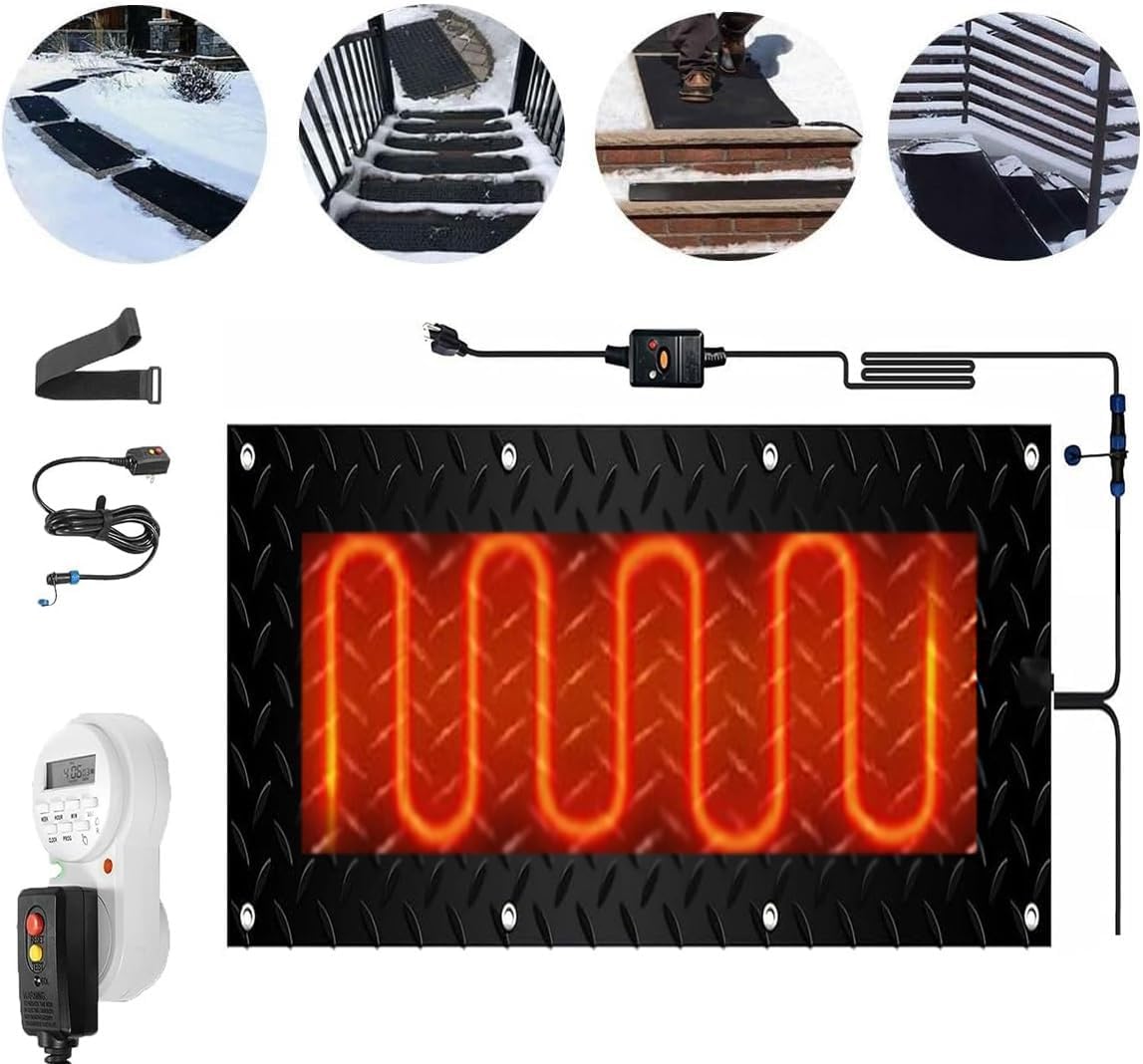 Heated Snow Melting Mats with Timer, 1/2/3/4/5 Pcs Outdoor Slip Proof Ice Heated Rubber Mat for Driveway Walkway Decks and Sidewalks Connection with 9.84 ft Power Cord for Winter(1 Pcs,12x36in