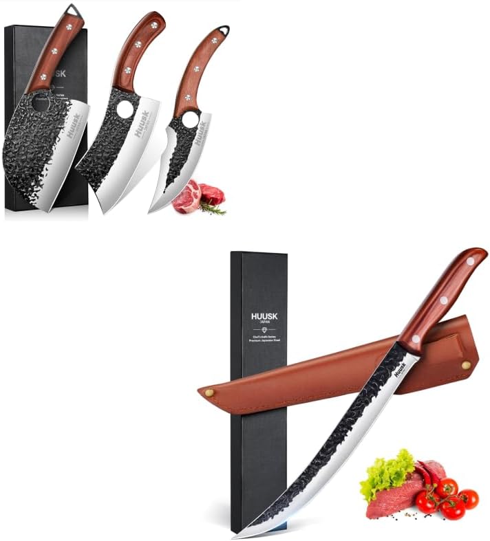 Huusk Breaking Knife 10 Inch Hand Forged Serbian Chef Knife Japanese Cimeter Curved Blade Butcher Knives Professional with Leather Sheath for Meat Cutting Home & Outdoor Cooking BBQ Knives