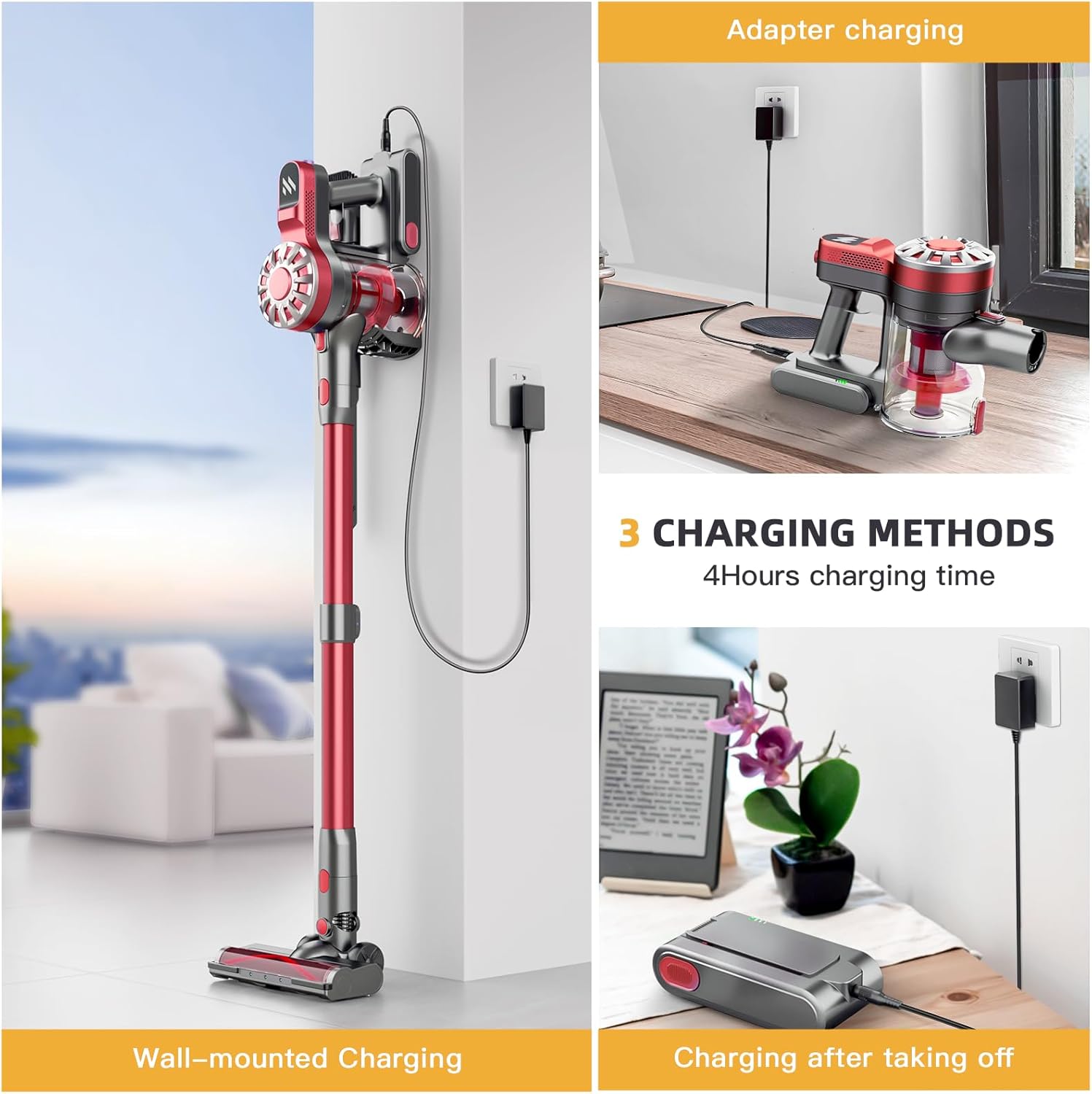 Cordless Vacuum Cleaner for Home, Lightweight Stick Vacuum Cordless Rechargeable with Power Suction, Up to 35 Mins Runtime, Hardwood Floor Vacuum for Pet Hair, Carpets, Tile(Deep Red)