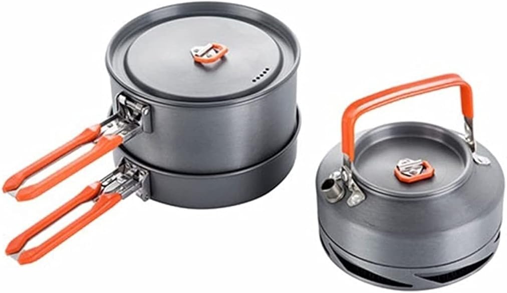 Camping Utensils Dishes Cookware Set Picnic Hiking Heat Exchanger Pot Kettle Outdoor Tourism Tableware (Color : Gray)