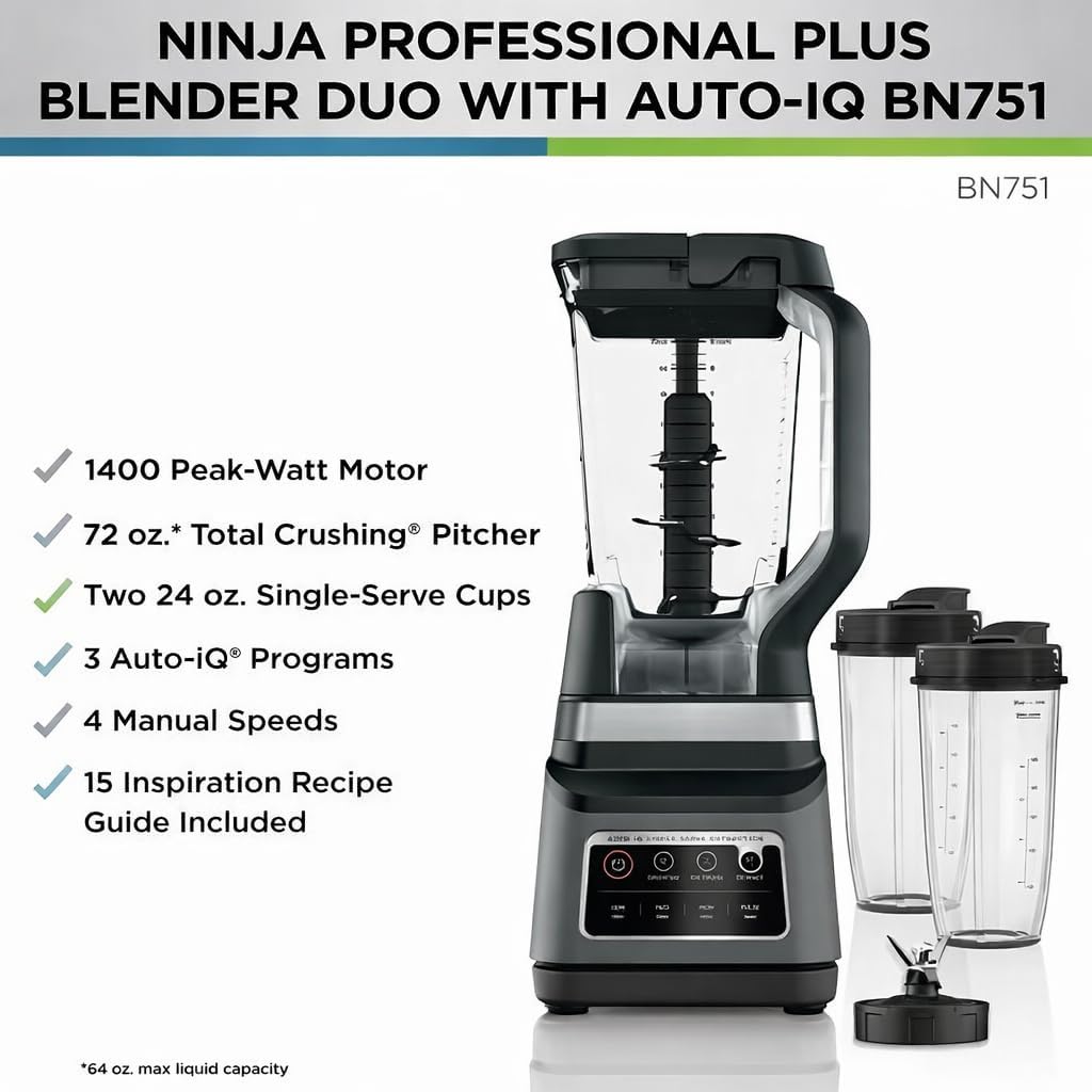 Ninja Professional Plus Blender DUO with Auto-iQ, 1400 Watt, 72oz Total Crushing Pitcher & (2) 24oz To-Go Cups, Smoothie Maker for Frozen Drinks, Shakes, and Juices, BPA-Free, Dishwasher Safe