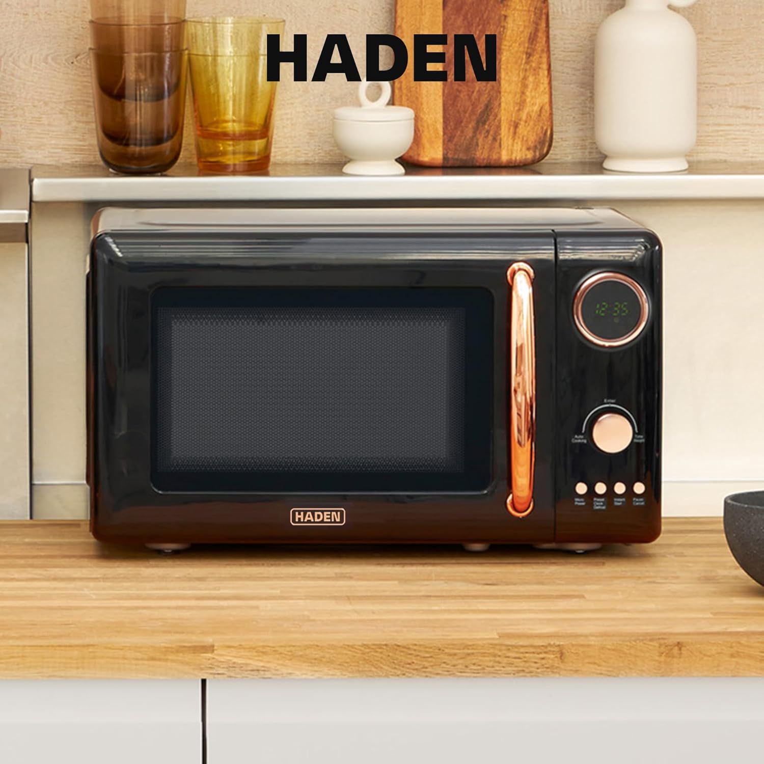 Haden 700 Watt 0.7 Cubic Foot Microwave Oven with Digital Controls, Defrost, and Instant Start Countertop Small Appliance, Black/Copper