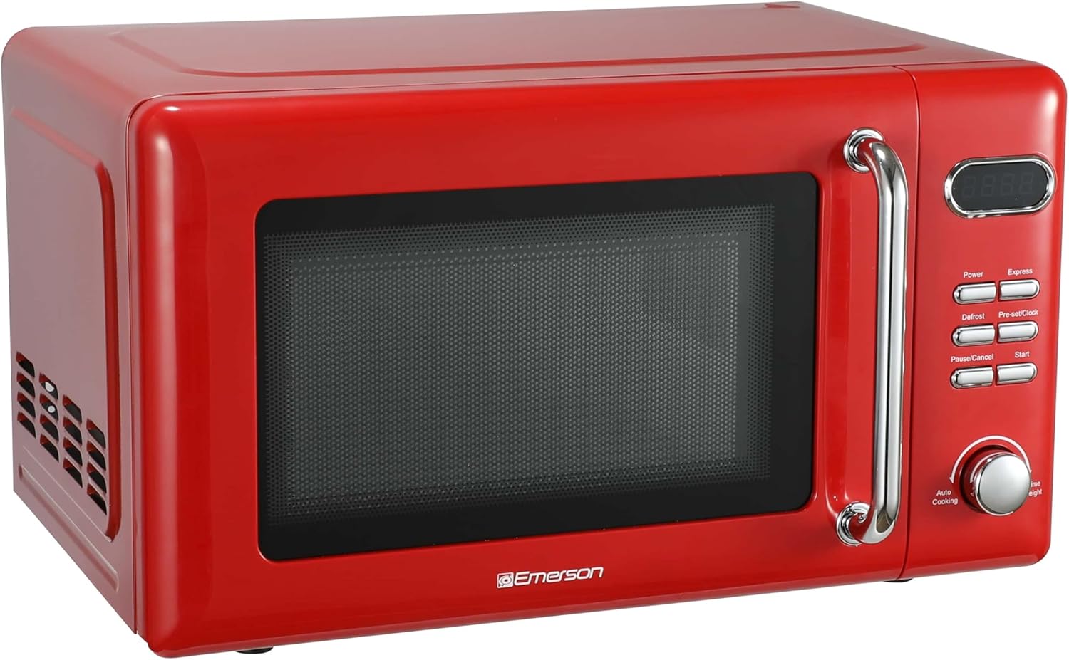 Emerson MWR7020RD Retro Compact Countertop Microwave Oven with Button Control, LED Display, 700W 5 Power Levels, 8 Auto Menus, Glass Turntable and Child Safe Lock, 0.7, Retro Red