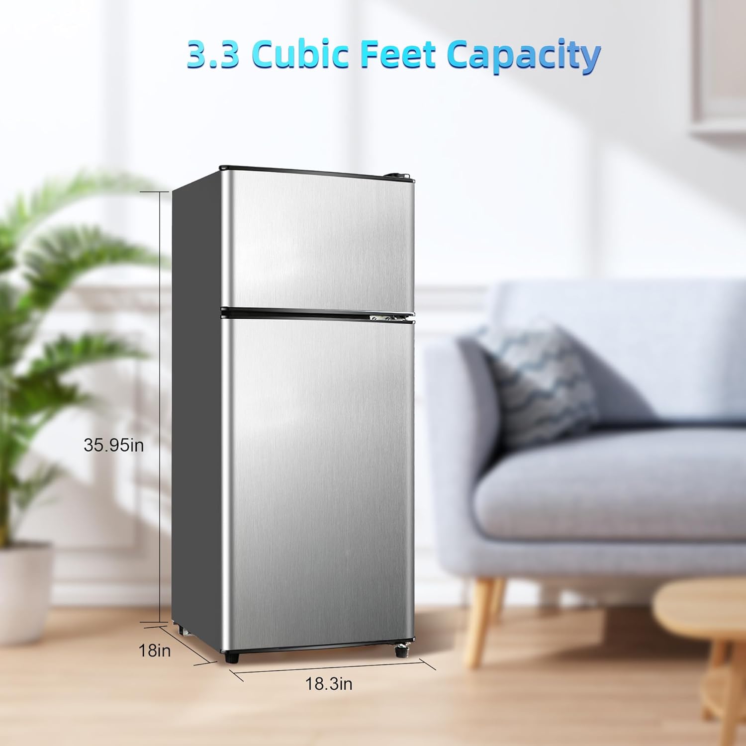 Mini Fridge with Freezer, 3.3 Cu. Ft. Double-Door Small Refrigerator with Adjustable 7-Level Thermostat & Separate Freezer, Dorm Fridge Compact for Kichen, RV, Office, Apartment, Silver
