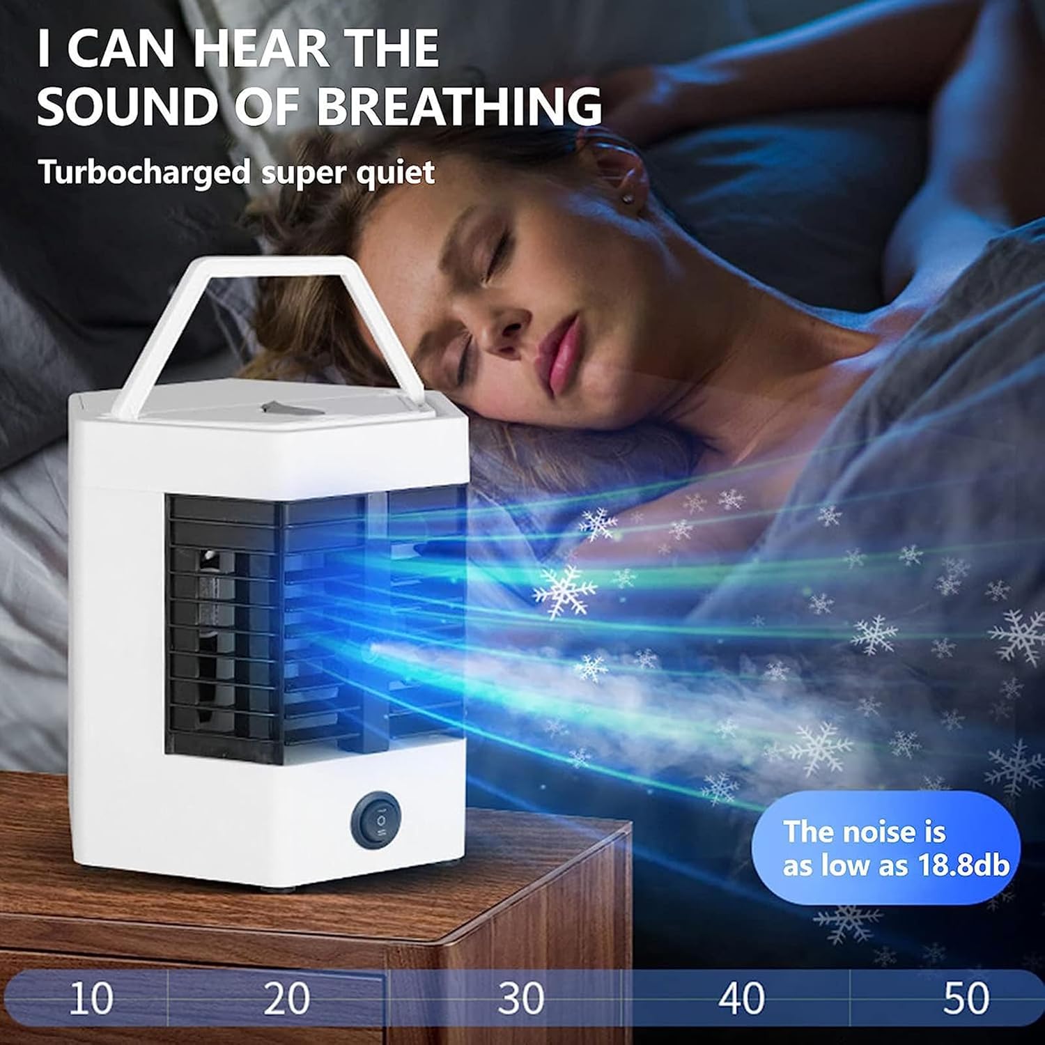 Mini Portable Air Conditioner, Evaporative Air Cooler, Air-conditioning Fan with Handle and 120° Wide Angle Design, USB Charge Port and Low Noise, for Bedroom, Study Room, Offices, RV, Cabins