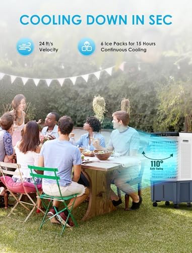 Air Choice Swamp Cooler, 1800 CFM Evaporative Air Cooler with 5.3 Gal Water Tank, 110° Auto Swing, 3 Fan Speeds, 6 Ice Packs, Remote, 12H Timer, Portable Air Cooling Fan for Outdoor & Indoor, Grey