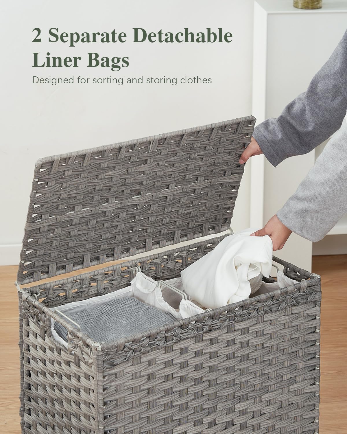 Laundry Hamper with Lid, 112 L Handwoven Rattan Wicker Laundry Basket, 2 Removable Liner Bags Metal Heightened Feet, 6 Mesh Bags, 2 Section Large Clothes Hamper for Bathroom Bedroom, Gray