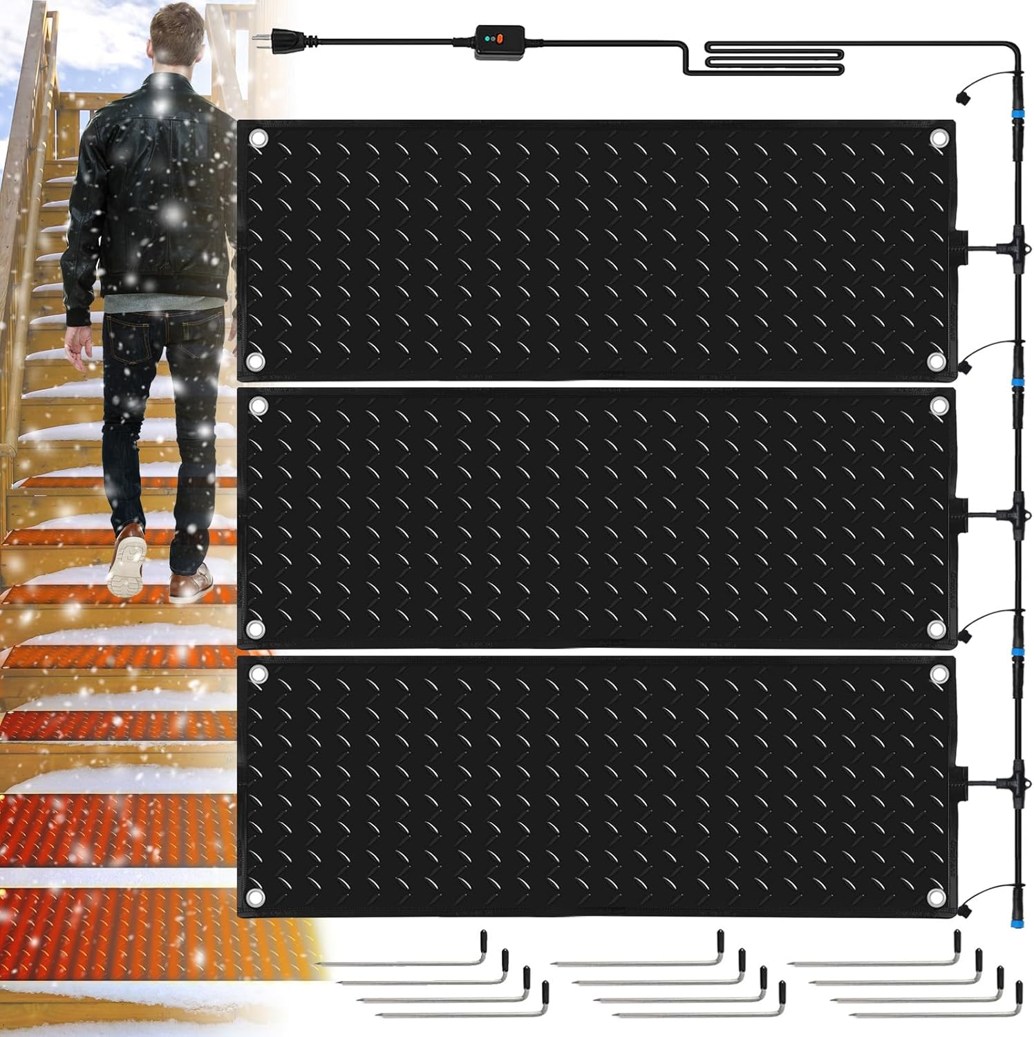 3 Pcs Heated Snow Melting Mat,Rubber Snow and Ice Heated Pad with Power Cord & Graphene Heating,for Winter Outdoor Stairs, Sidewalks, Garages, Deck (3 PCS 10 x 30in)