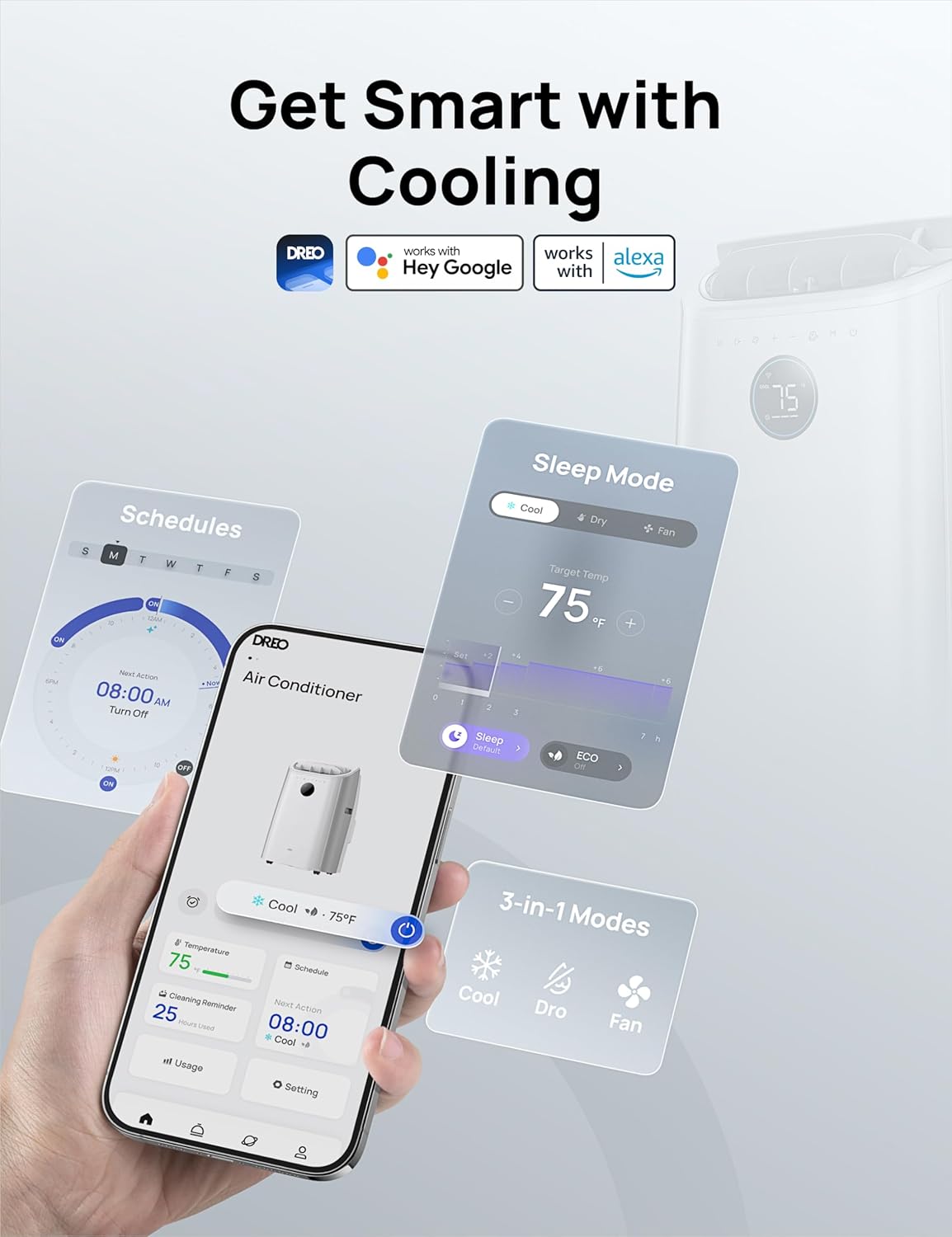 Dreo Portable Air Conditioners, 14000 BTU AC Unit for Bedroom with Drainage-Free Cooling, 3-in-1 with Fan & Dehumidifier, Touch/APP/Voice/Remote, 24h Timer, Smart Floor AC for Room Indoors, AC516S