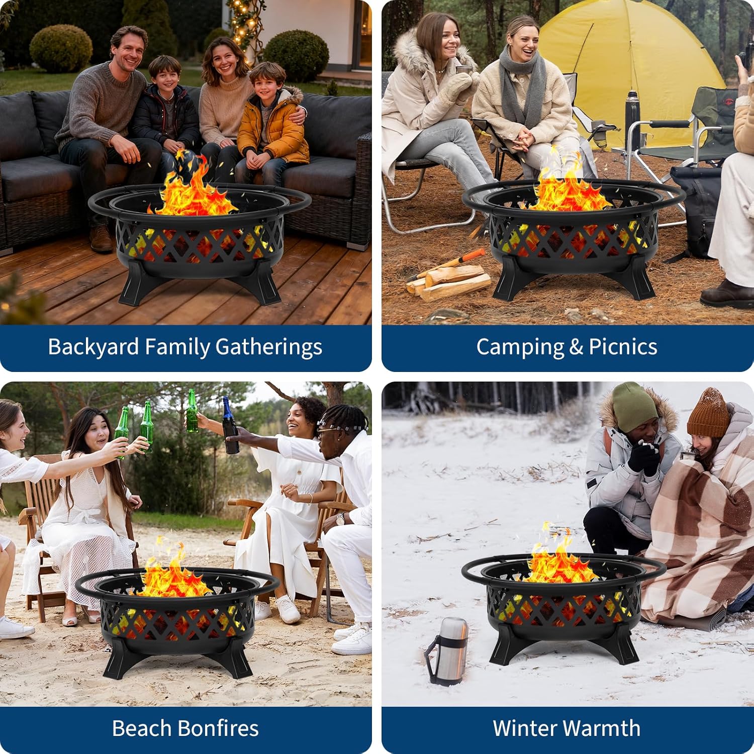 Outdoor Fire Pit 36 Inch Large Wood Burning with Lid Poker, Heavy Duty Round BBQ Firepit & Cold Rolled Steel for Outside, Patio, Picnic, Party