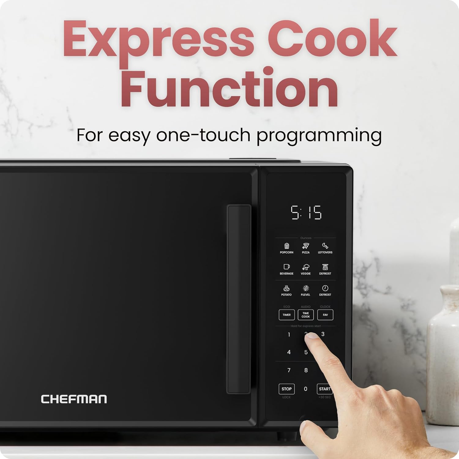 Chefman Countertop Microwave Oven 0.9 Cu. Ft., 900 Watts with 10 Power Levels, 6 Cooking Presets with One-Touch Express Cook, Eco Mode, Child Safety Lock, & Mute Button - Black
