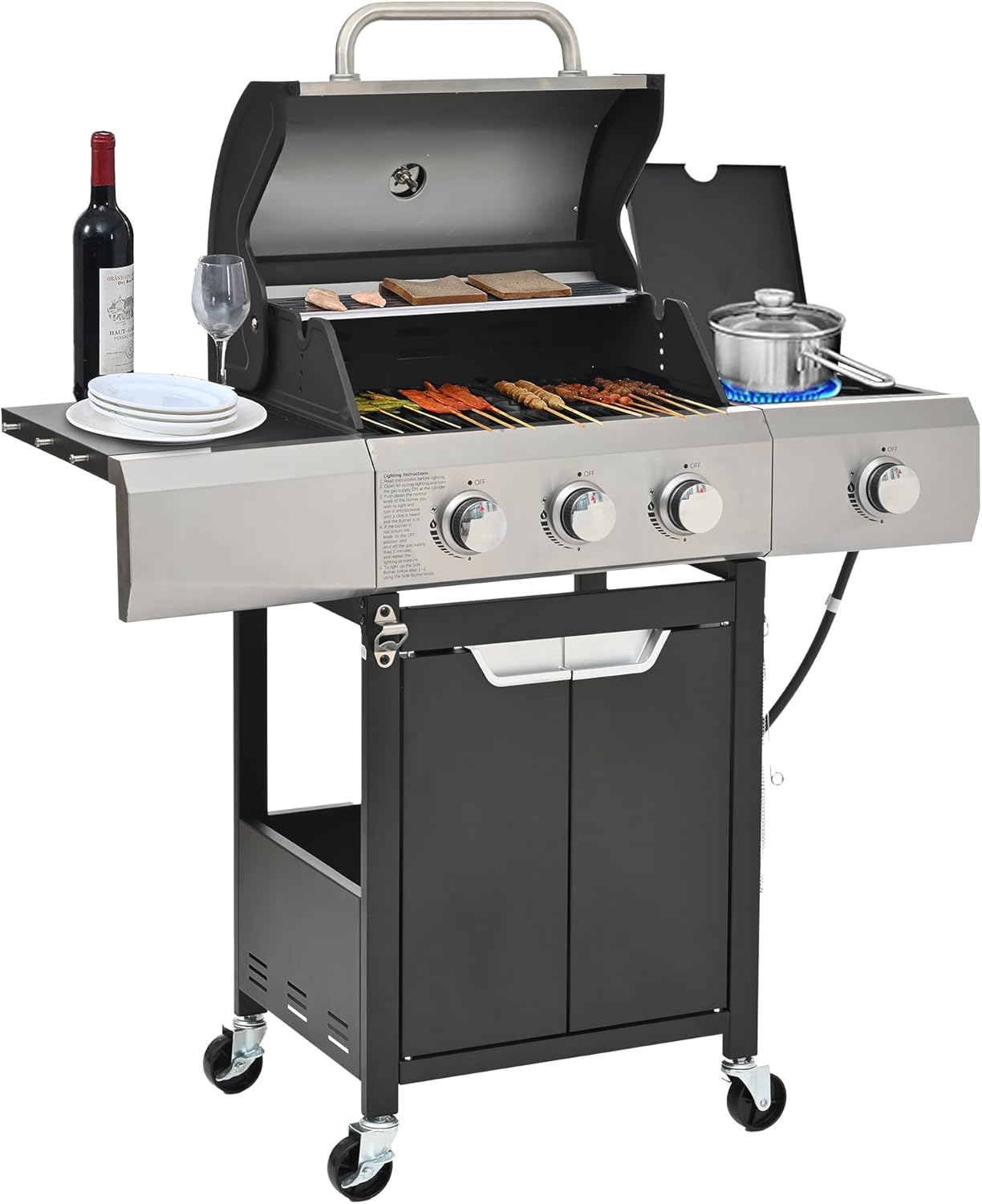 3-Burner Stainless Steel Propane Gas Grill with Side Burner | 40,500 BTU Total Output, Warming Rack | Electronic Ignition | Perfect for Outdoor BBQ, Camping, and Backyard Parties