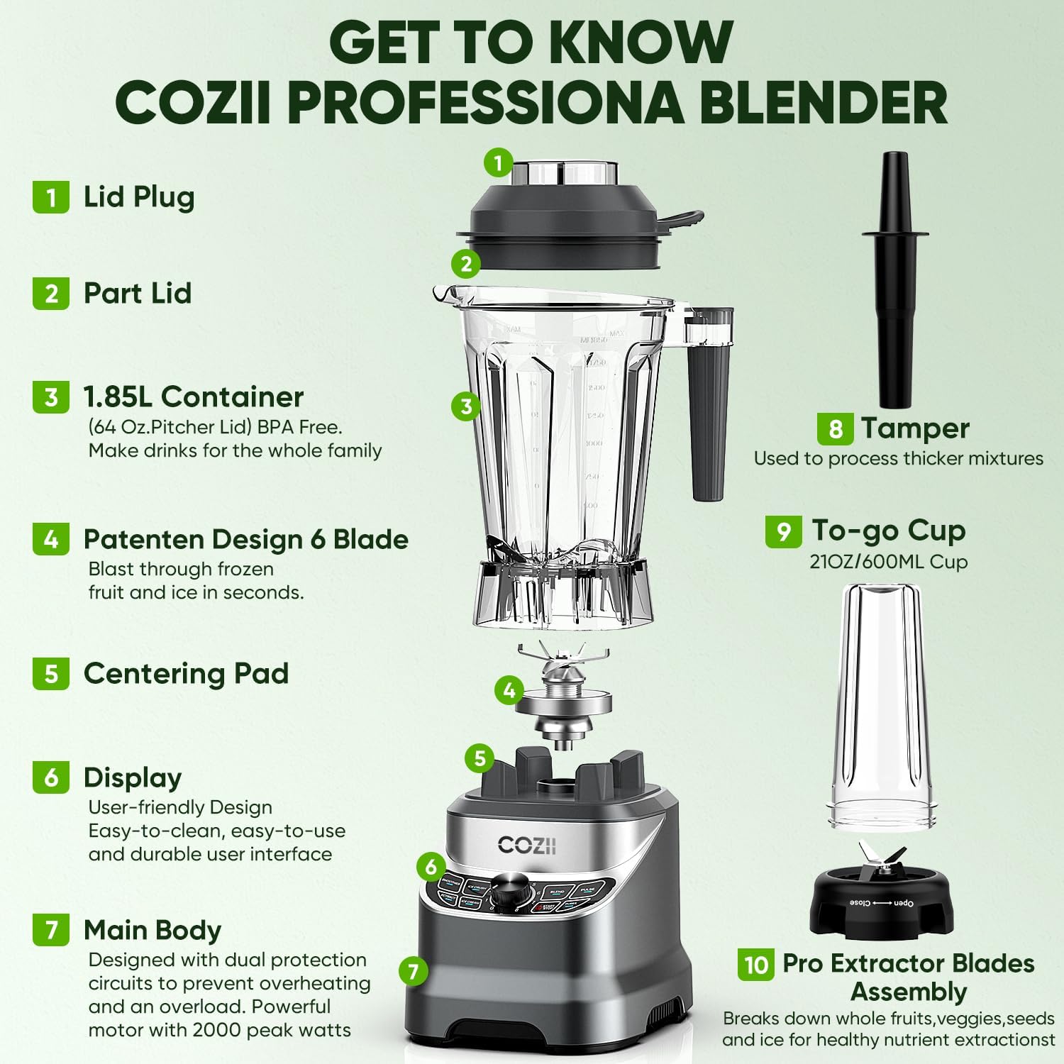 Blender 2000Watt, Countertop Blenders for Kitchen,64 Oz Pitcher/21-Oz To-go Cup, 7 Preset Programs for Ice Crush/Frozen Drinks/Nut Butter, High Speed, Dark Silver