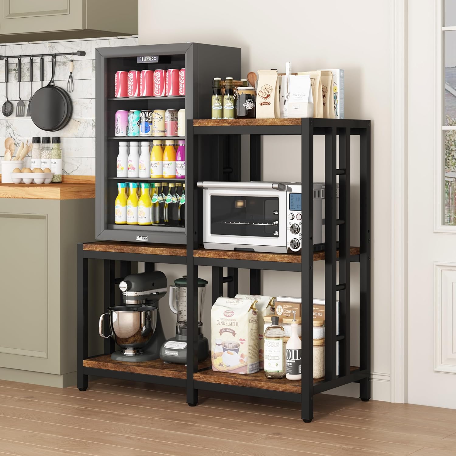 5-Tier Mini Fridge Stand with Storage, Vintage Brown Bakers Rack and Microwave Oven Stand, Kitchen Mini Fridge Cabinet with Shelves, Coffee Bar Organizer for Home, Office, Dorm