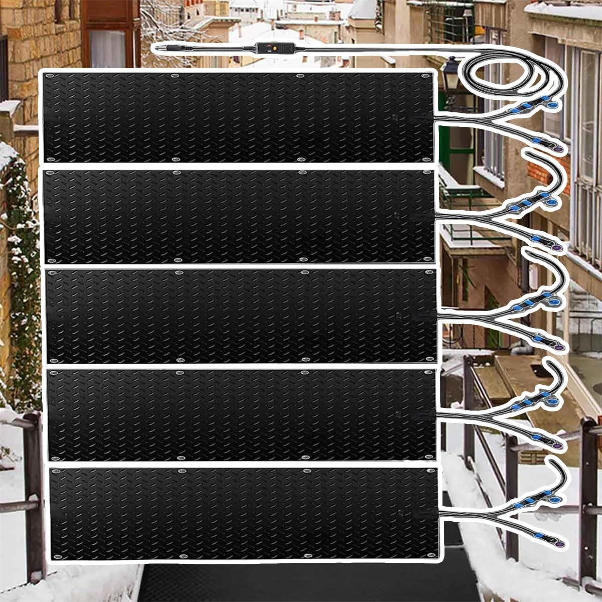 Thickened Snow Melting Mats with Power Unit, 1/2/3/4/5 pcs Outdoor Stairs- Non-Slip Winter Removal and Ice Melt Products -Heating Entrance(5 Pcs,10x48in/(25.4x121.9 cm))