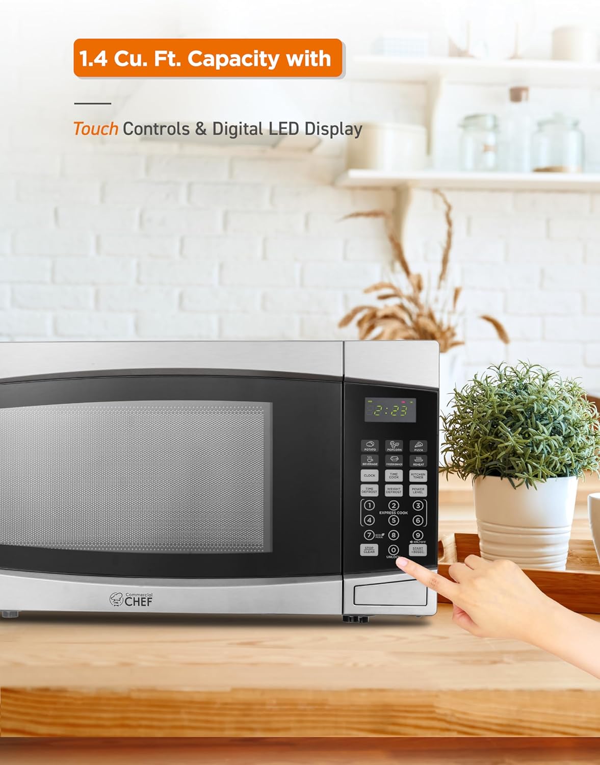 COMMERCIAL CHEF 1.4 Cubic Foot Microwave with 10 Power Levels, Small Microwave with Push Button, 1100 Watt Microwave with Digital Control Panels, Countertop Microwave with Timer, Stainless Steel