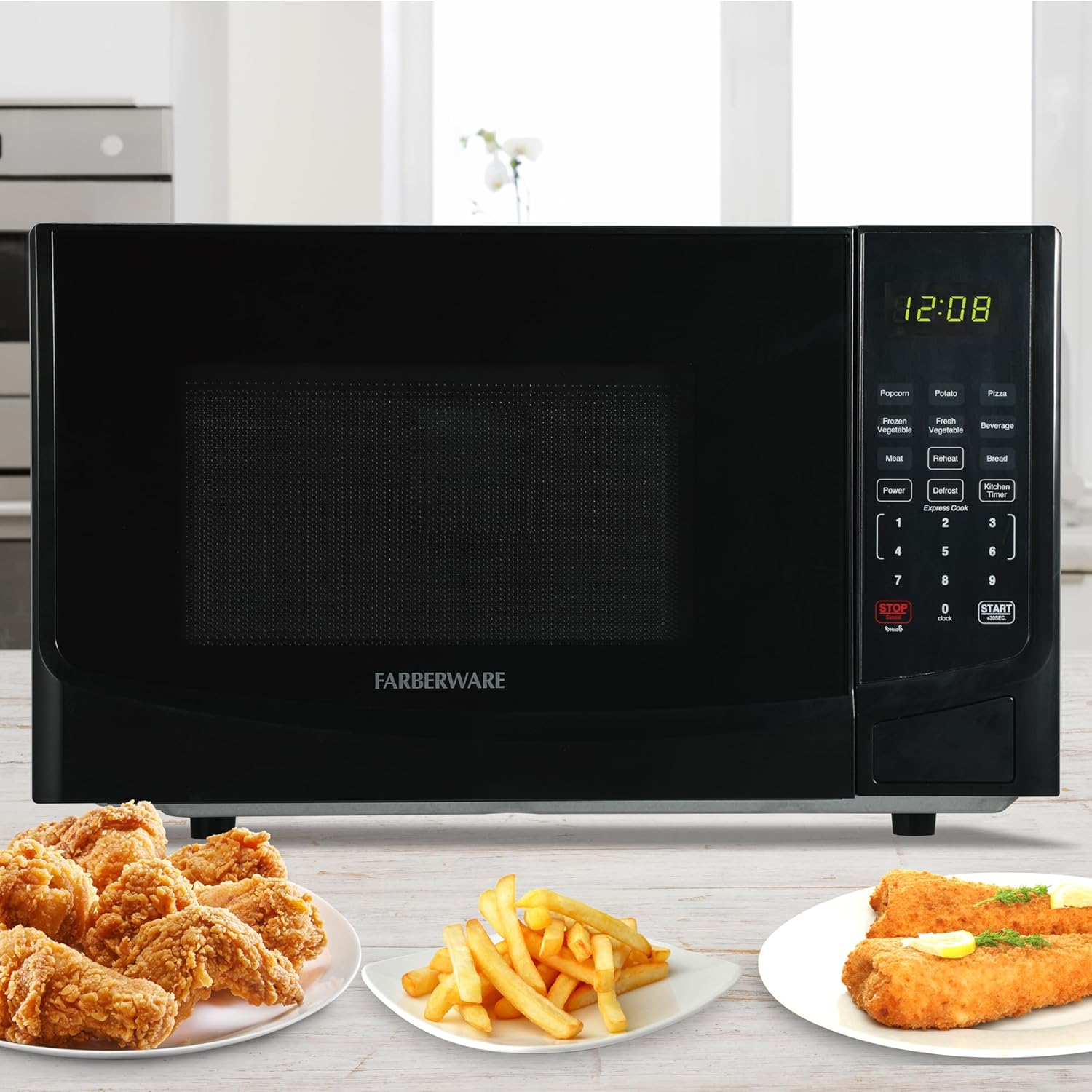 Farberware 0.9 Cu. Ft. Black Microwave Oven, 900W with LED Display, 10 Power Levels, 8 Auto-Cook Presets, Express Cooking & Defrost