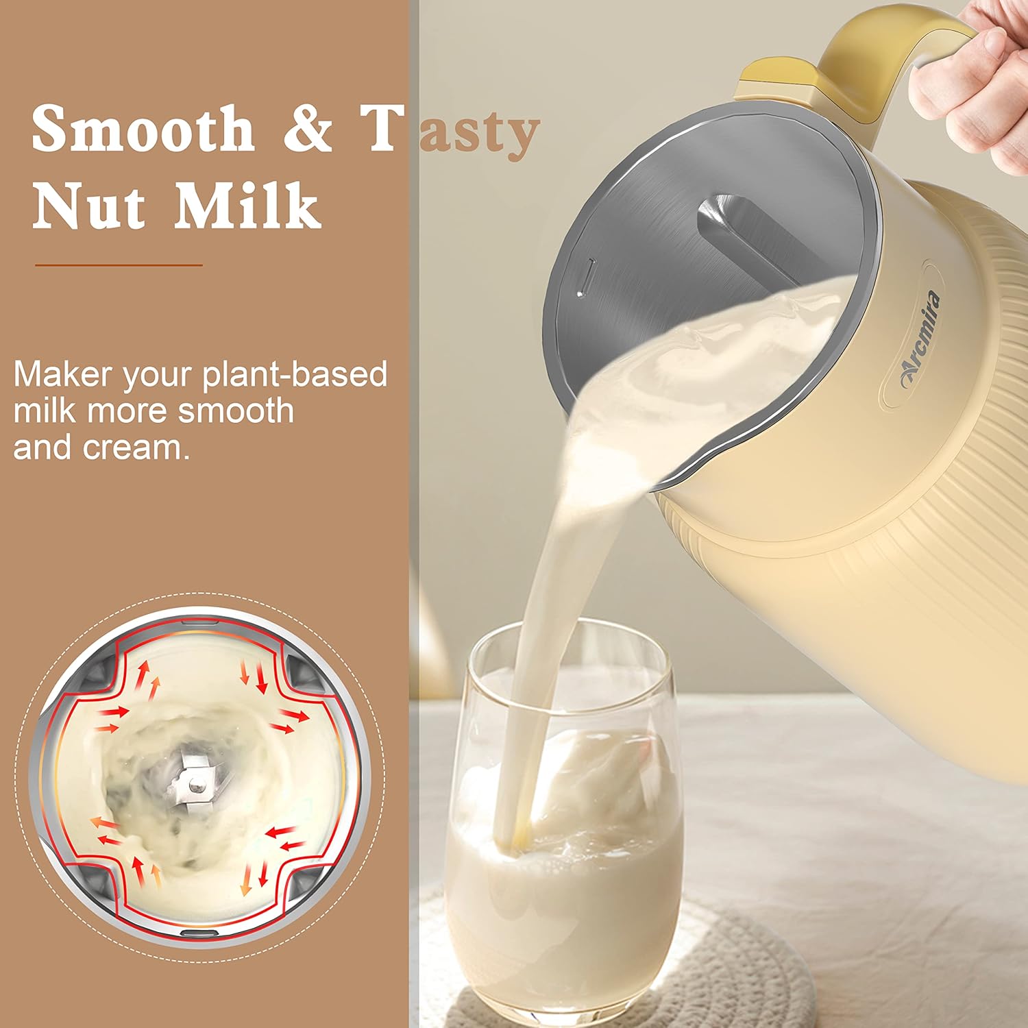 Automatic Nut Milk Maker, 20 oz Homemade Almond, Oat, Soy, Plant-Based and Dairy Free Beverages, Almond Maker with Delay Start/Keep Warm/Boil Water, Soy Bag,Yellow