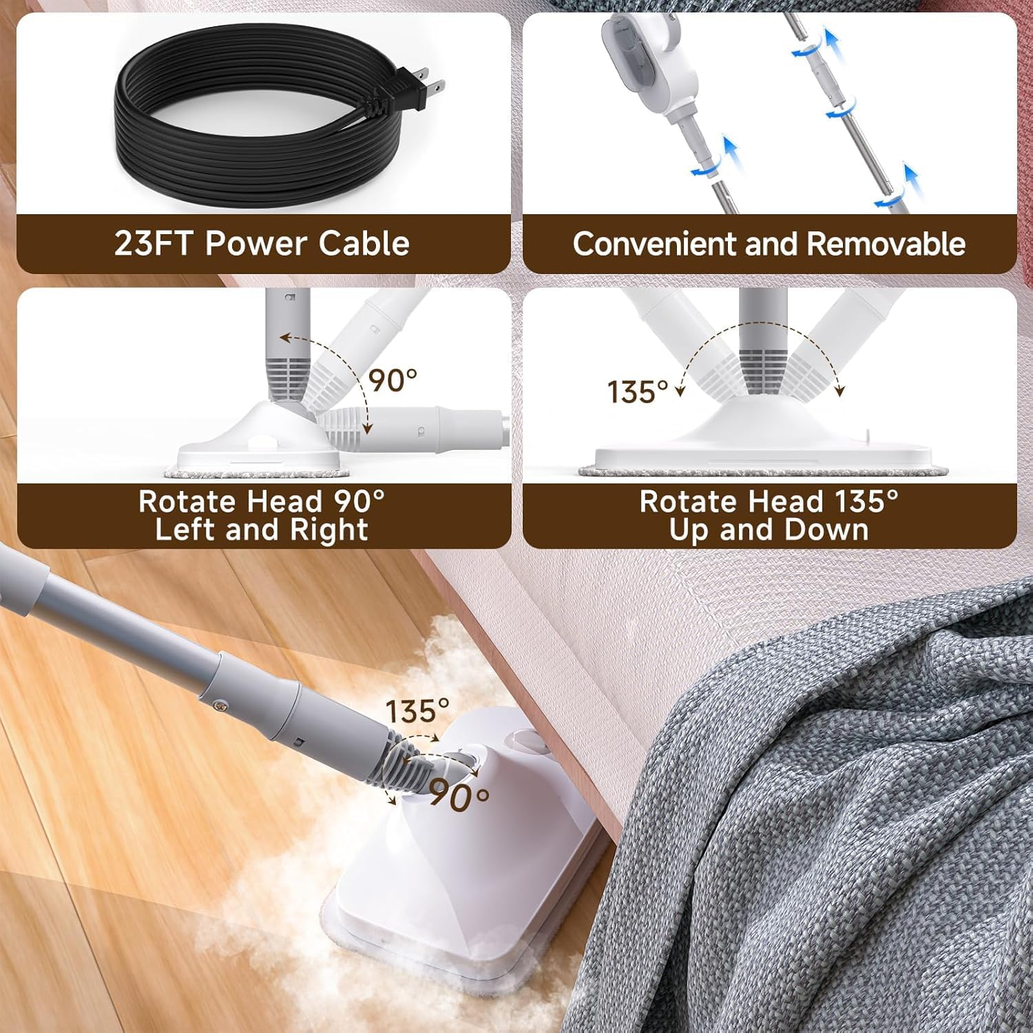 Steam Mop, 13-in-1 Powerful Handheld Steam Cleaner with 14 Accessories, 16.9OZ Removable Tank & 23FT Power Cord, Detachable Steam Mops for Floor Cleaning, Tiles, Windows, Carpets